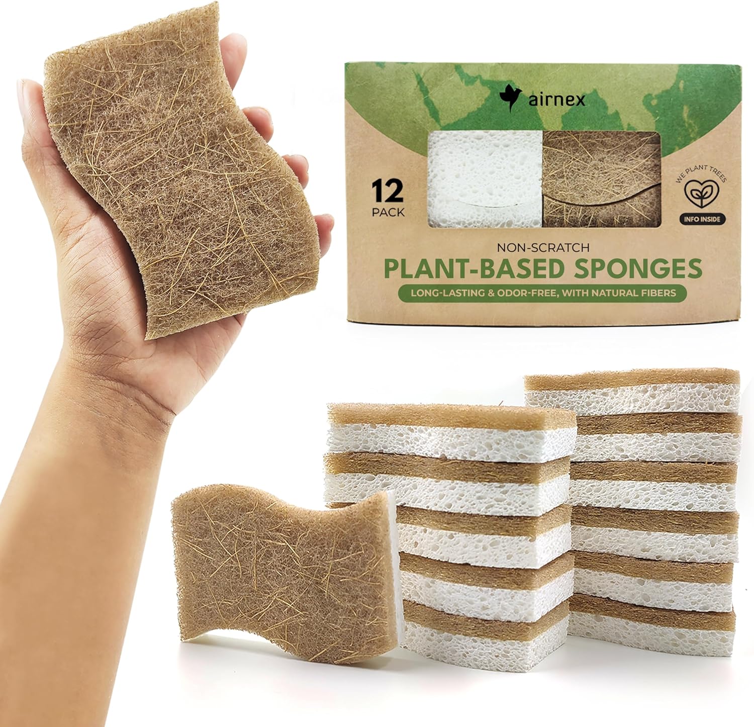 airnex-natural-kitchen-sponges-12-pack-compostable-cellulose-coconut-01 Twelve S-shaped AIRNEX Natural Kitchen Sponges, made from khaki cellulose and coconut, stacked neatly.
