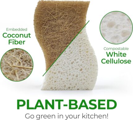 Twelve S-shaped AIRNEX Natural Kitchen Sponges, made from khaki cellulose and coconut, stacked neatly.