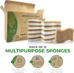 Twelve S-shaped AIRNEX Natural Kitchen Sponges, made from khaki cellulose and coconut, stacked neatly.