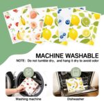 Six Aitoper Swedish dishcloths with various fruit patterns, neatly stacked or fanned out on a kitchen counter.