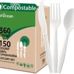 A complete set of ivory white biocean compostable forks, spoons, and knives neatly arranged, showcasing their heavy-duty, pla