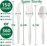 A complete set of ivory white biocean compostable forks, spoons, and knives neatly arranged, showcasing their heavy-duty, pla