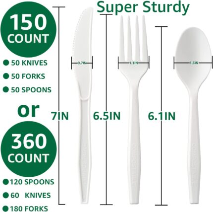 A complete set of ivory white biocean compostable forks, spoons, and knives neatly arranged, showcasing their heavy-duty, pla