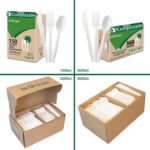 A complete set of ivory white biocean compostable forks, spoons, and knives neatly arranged, showcasing their heavy-duty, pla