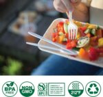 A complete set of ivory white biocean compostable forks, spoons, and knives neatly arranged, showcasing their heavy-duty, pla