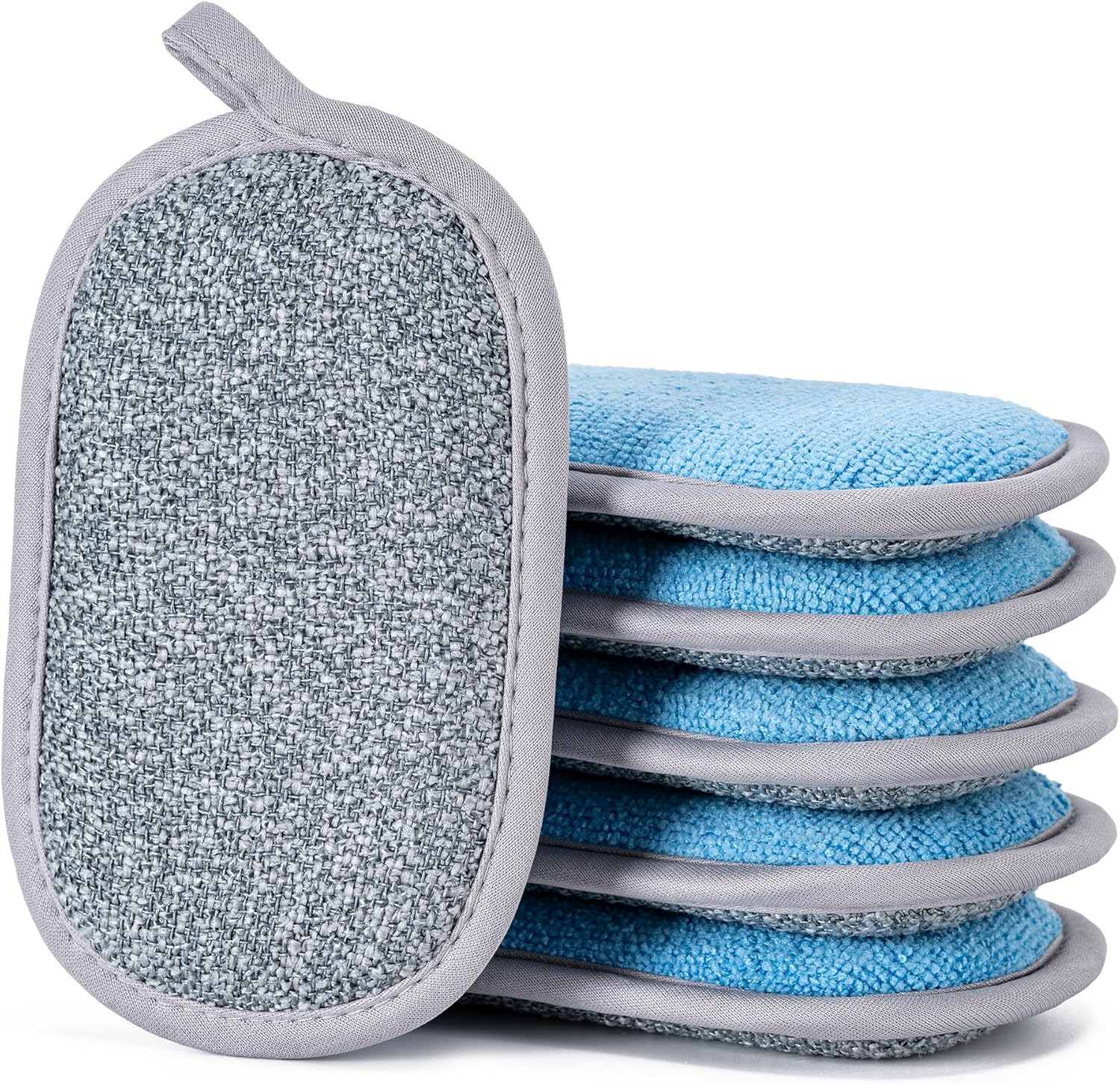 cadono-non-scratch-dual-sided-scrub-sponges-for-kitchen-6-pack-gray-blue-01 A pack of six CADONO dual-sided non-scratch scrub sponges in grey-blue color, suitable for kitchen cleaning.