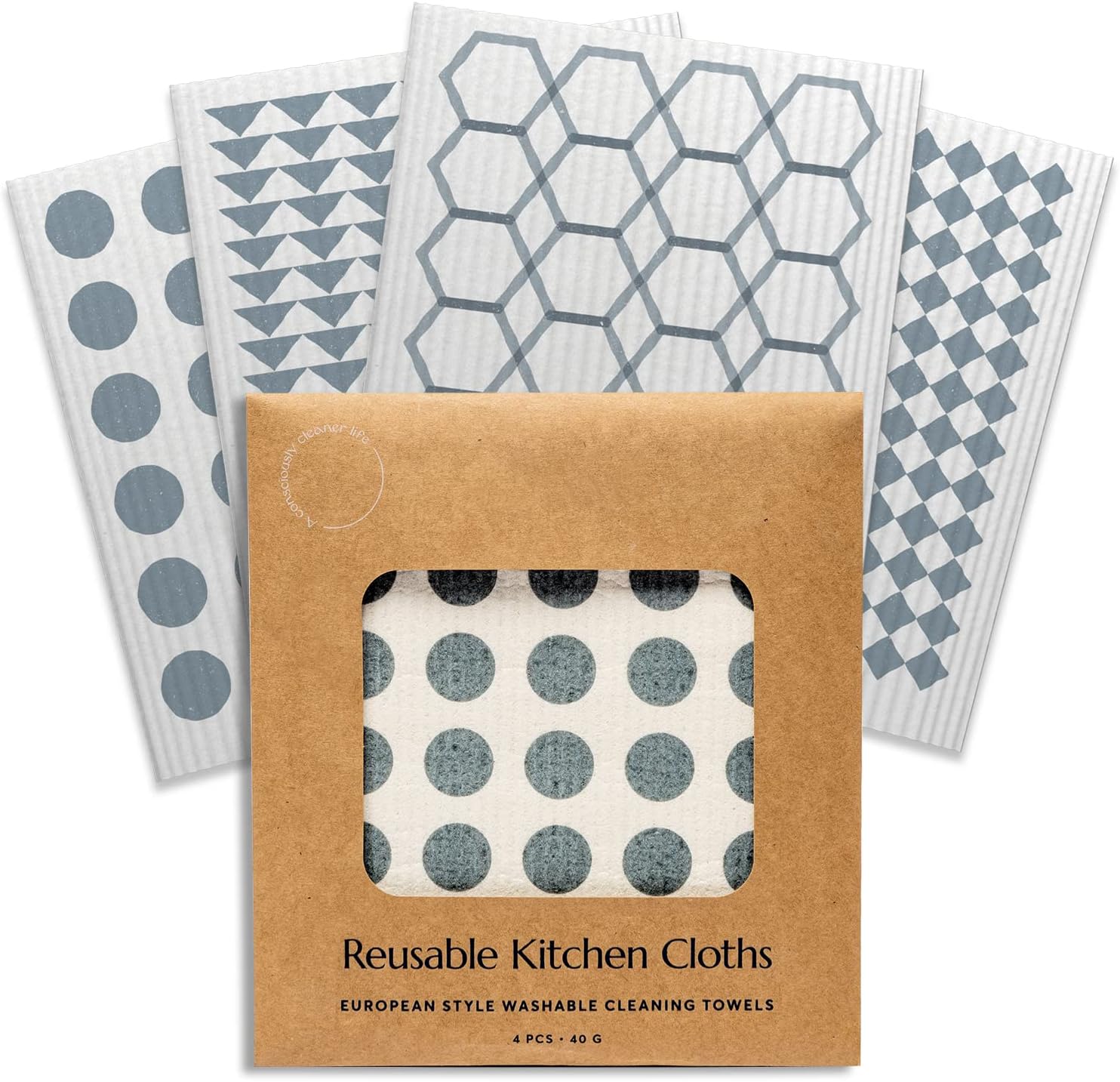 cleanomic-reusable-kitchen-cloths-4-pack-gray-white-cellulose-cotton-dish-rags-01 Four CLEANOMIC gray and white geometric patterned reusable kitchen cloths, stacked neatly on a clean surface.