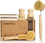A complete 6-piece DEBETOOL bamboo dish brush set with various brushes and a coconut sponge displayed.