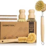 A complete 6-piece DEBETOOL bamboo dish brush set with various brushes and a coconut sponge displayed.