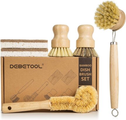 A complete 6-piece DEBETOOL bamboo dish brush set with various brushes and a coconut sponge displayed.