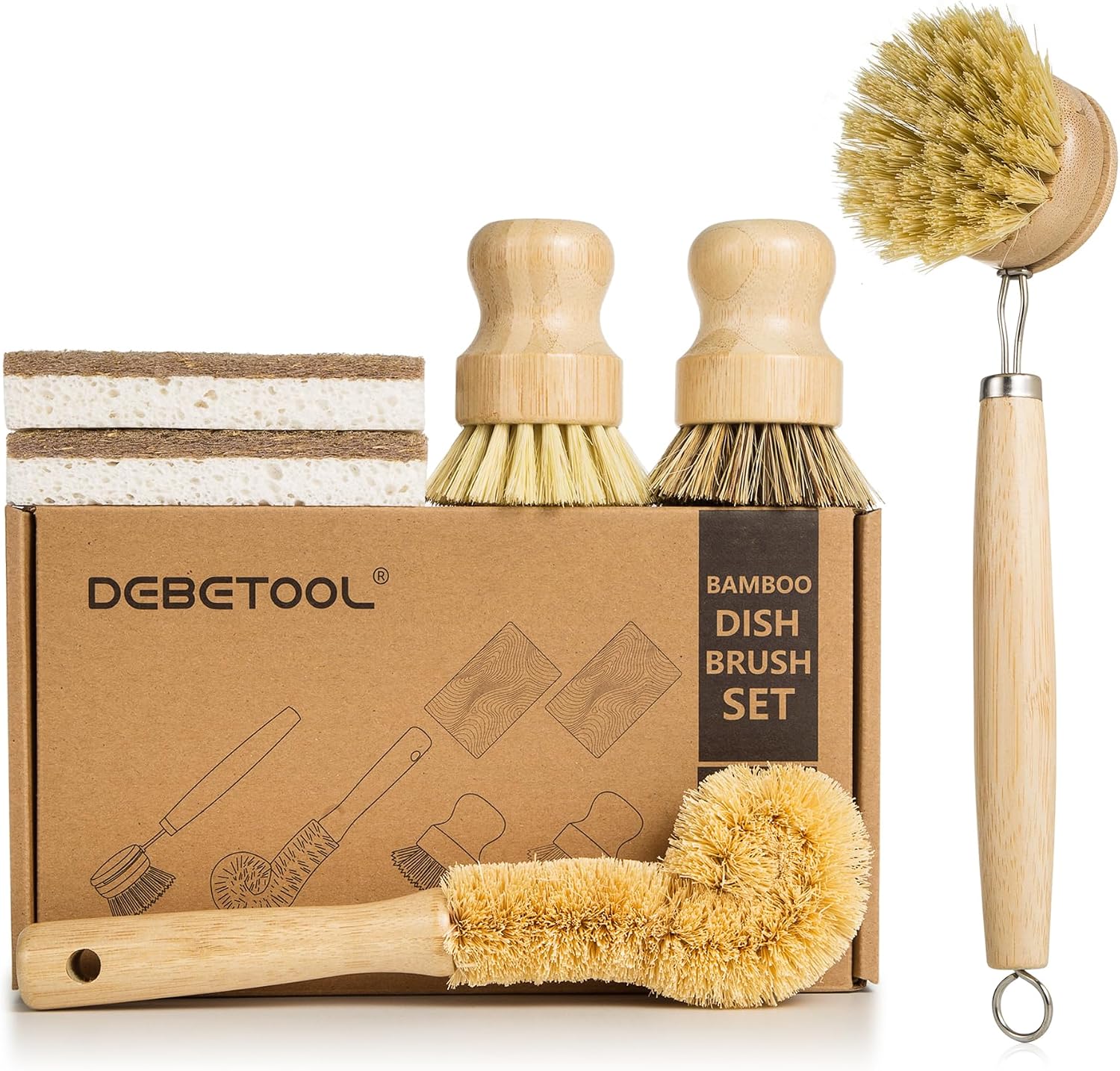 debetool-6-piece-bamboo-dish-brush-set-with-coconut-sponge-01 A complete 6-piece DEBETOOL bamboo dish brush set with various brushes and a coconut sponge displayed.