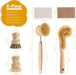 A complete 6-piece DEBETOOL bamboo dish brush set with various brushes and a coconut sponge displayed.