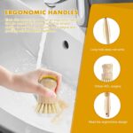 A complete 6-piece DEBETOOL bamboo dish brush set with various brushes and a coconut sponge displayed.