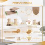 A complete 6-piece DEBETOOL bamboo dish brush set with various brushes and a coconut sponge displayed.
