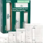 A variety pack of FEBU compostable food storage bags, including snack, sandwich, quart, and gallon sizes, neatly arranged.