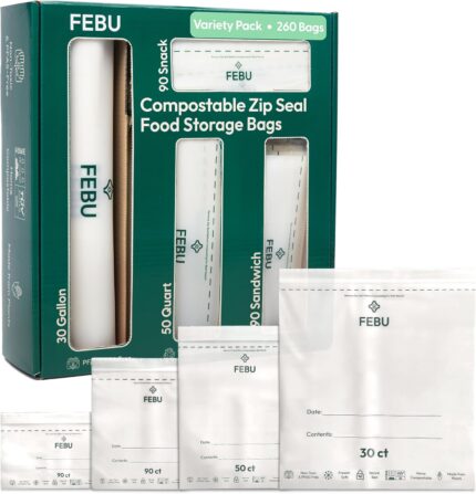 A variety pack of FEBU compostable food storage bags, including snack, sandwich, quart, and gallon sizes, neatly arranged.