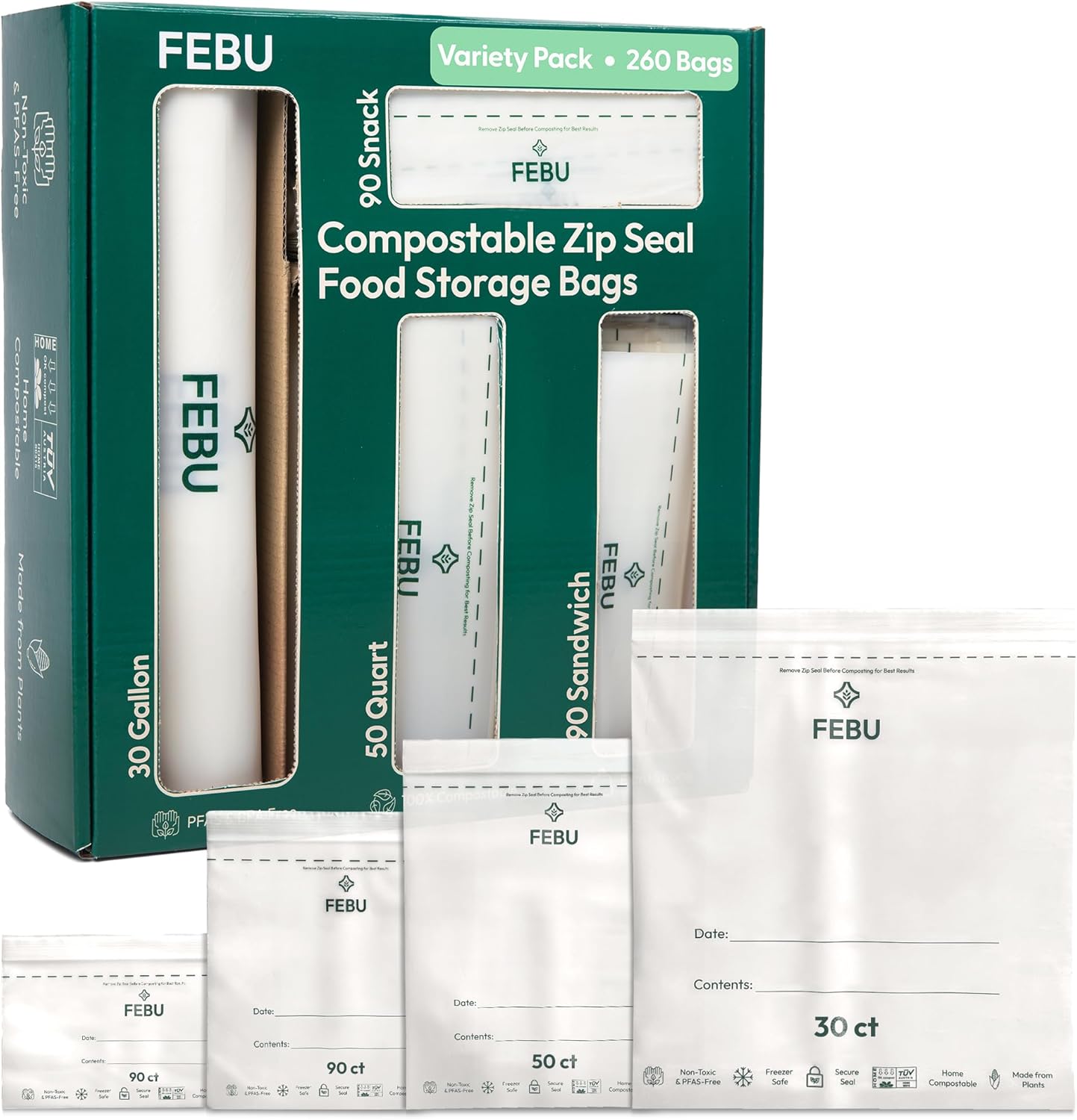febu-compostable-food-storage-bags-variety-pack-260-count-01 A variety pack of FEBU compostable food storage bags, including snack, sandwich, quart, and gallon sizes, neatly arranged.