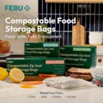A variety pack of FEBU compostable food storage bags, including snack, sandwich, quart, and gallon sizes, neatly arranged.