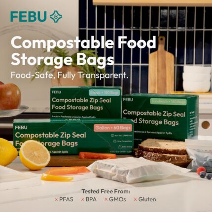A variety pack of FEBU compostable food storage bags, including snack, sandwich, quart, and gallon sizes, neatly arranged.
