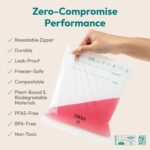 A variety pack of FEBU compostable food storage bags, including snack, sandwich, quart, and gallon sizes, neatly arranged.