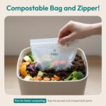A variety pack of FEBU compostable food storage bags, including snack, sandwich, quart, and gallon sizes, neatly arranged.