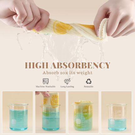 Set of 6 Homaxy Swedish dishcloths with various fruit patterns, displayed folded and in use cleaning kitchen surfaces.