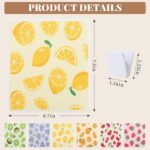 Set of 6 Homaxy Swedish dishcloths with various fruit patterns, displayed folded and in use cleaning kitchen surfaces.