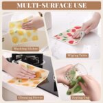 Set of 6 Homaxy Swedish dishcloths with various fruit patterns, displayed folded and in use cleaning kitchen surfaces.