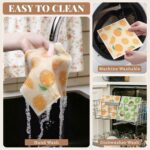 Set of 6 Homaxy Swedish dishcloths with various fruit patterns, displayed folded and in use cleaning kitchen surfaces.