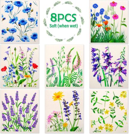 An 8-pack of Lucomb Swedish dishcloths featuring various colorful leaf and flower patterns, neatly stacked.