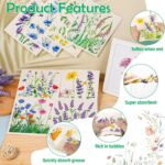An 8-pack of Lucomb Swedish dishcloths featuring various colorful leaf and flower patterns, neatly stacked.