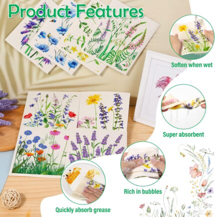 An 8-pack of Lucomb Swedish dishcloths featuring various colorful leaf and flower patterns, neatly stacked.