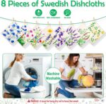 An 8-pack of Lucomb Swedish dishcloths featuring various colorful leaf and flower patterns, neatly stacked.