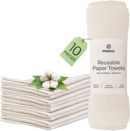 Stack of 10 natural-colored mioeco reusable organic cotton paper towels with a subtle leaf pattern.