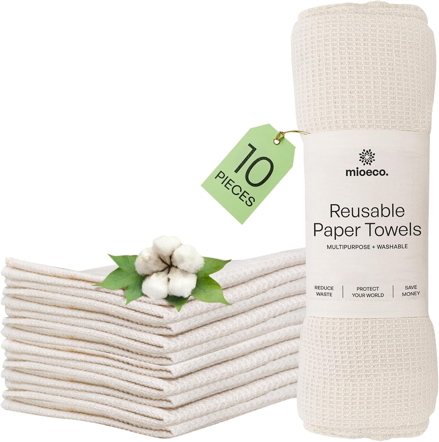 mioeco-10-pack-reusable-organic-cotton-paper-towels-natural-01 Stack of 10 natural-colored mioeco reusable organic cotton paper towels with a subtle leaf pattern.