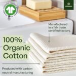 Stack of 10 natural-colored mioeco reusable organic cotton paper towels with a subtle leaf pattern.