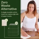 Stack of 10 natural-colored mioeco reusable organic cotton paper towels with a subtle leaf pattern.