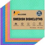 A stack of 10 MoLKENE Swedish dishcloths in assorted colors, showing their soft texture and rectangular shape.