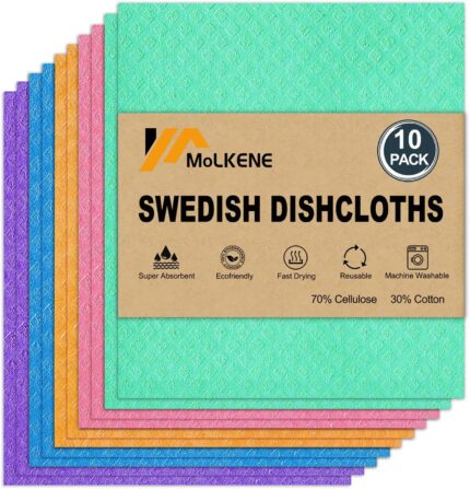 A stack of 10 MoLKENE Swedish dishcloths in assorted colors, showing their soft texture and rectangular shape.