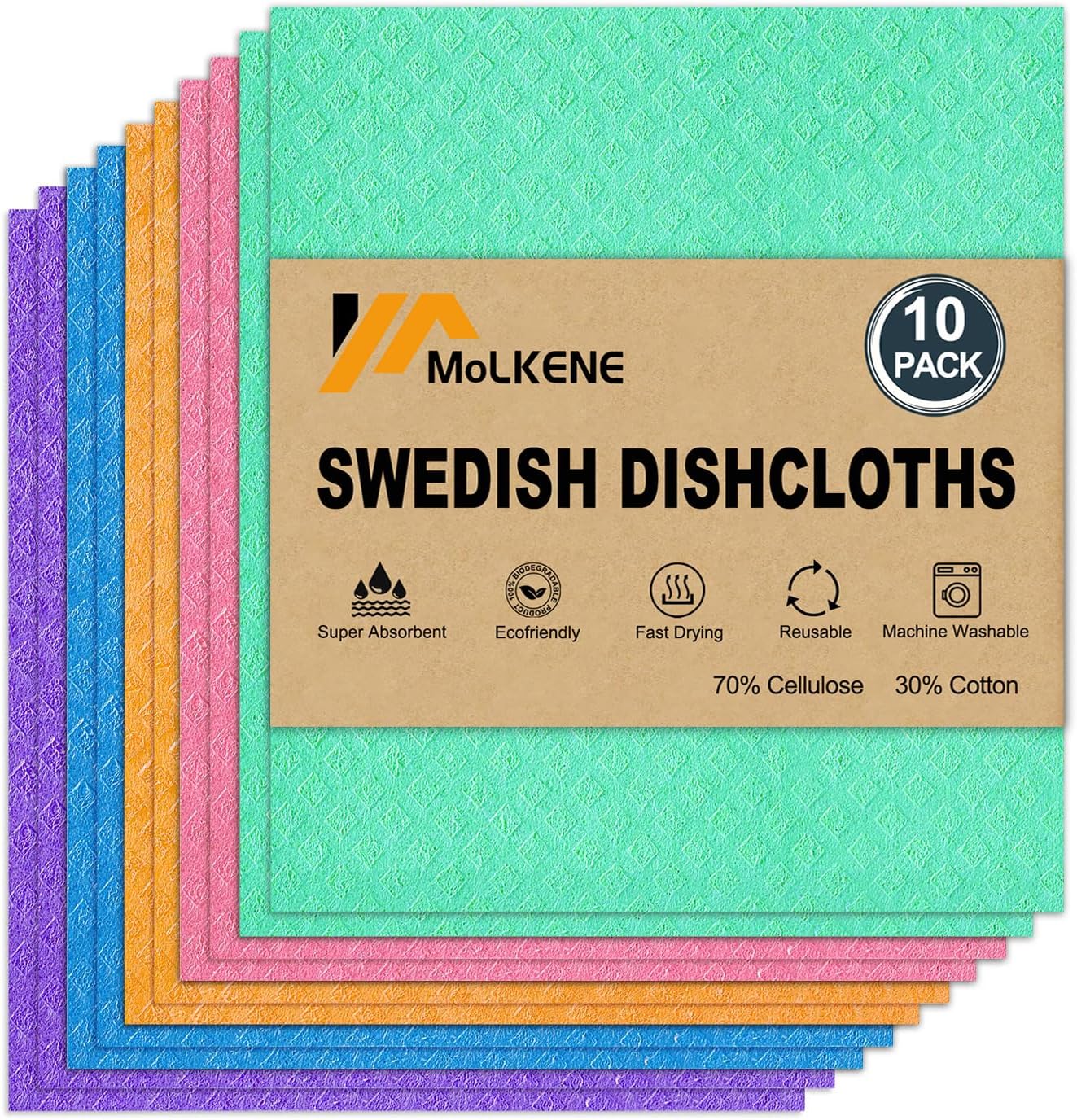 molkene-swedish-dishcloths-10-pack-assorted-colors-reusable-cellulose-sponge-cloths-01 A stack of 10 MoLKENE Swedish dishcloths in assorted colors, showing their soft texture and rectangular shape.