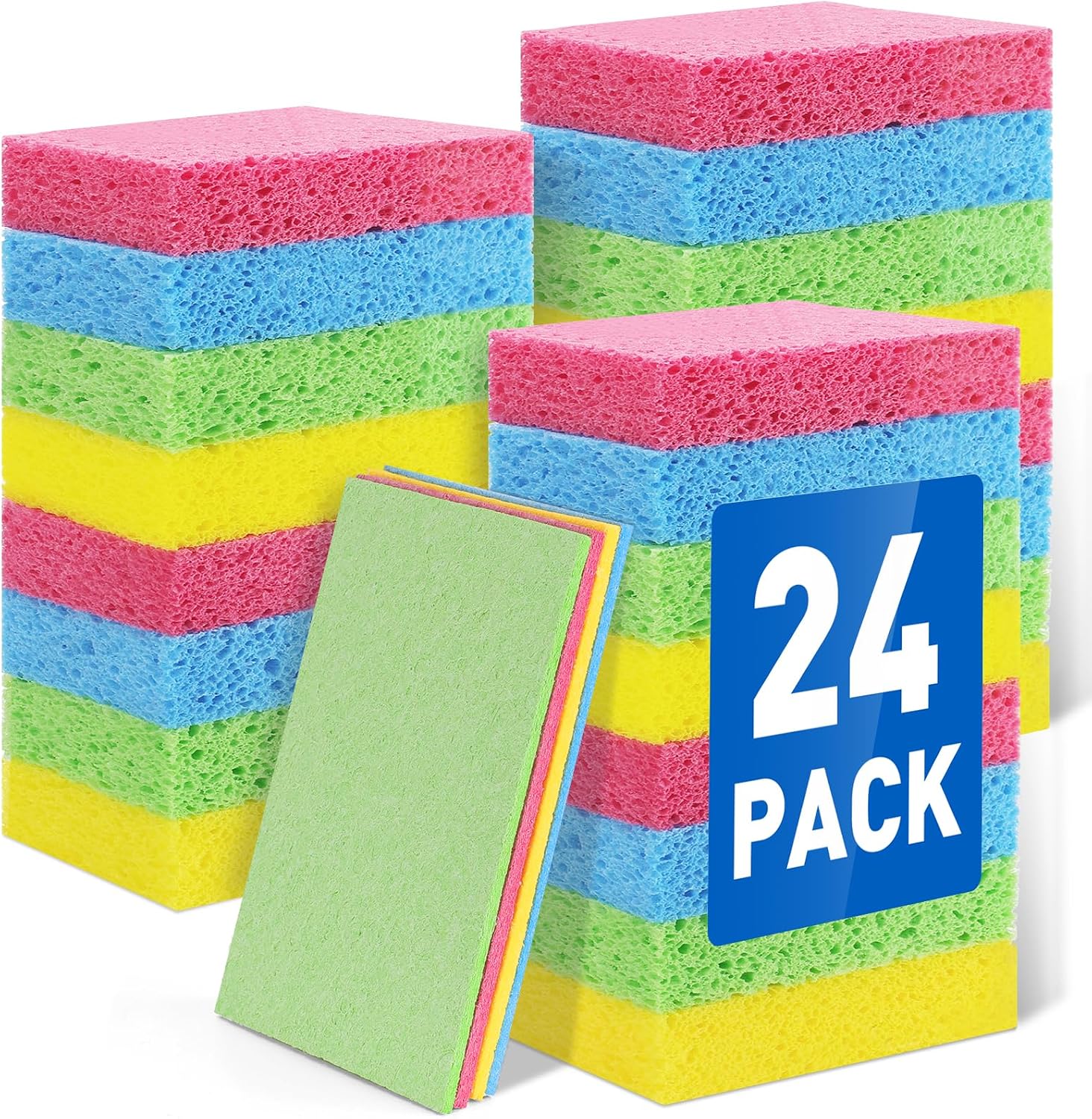 neoact-24-pack-non-scratch-cellulose-sponges-for-kitchen-bath-cleaning-01 A stack of wet, expanded NEOACT cellulose sponges next to a pile of compressed, dry sponges.