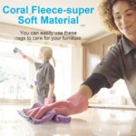A stack of 12 purple coral fleece kitchen towels, neatly folded, showcasing their soft texture and rectangular shape.