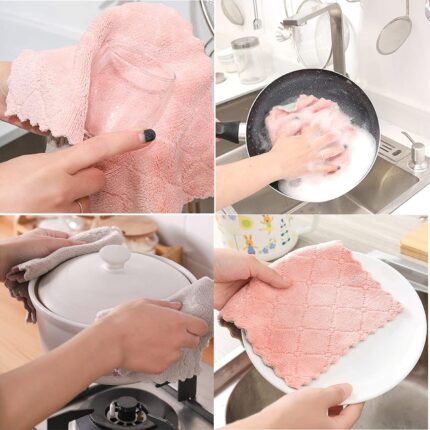 A stack of 12 coral velvet kitchen towels, neatly folded, showcasing their soft texture and absorbent material.
