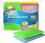 A stack of SCRUBIT 12-pack dual-sided scrub and wipe cleaning pads in assorted colors, showing both textured and soft sides.