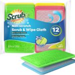 A stack of SCRUBIT 12-pack dual-sided scrub and wipe cleaning pads in assorted colors, showing both textured and soft sides.