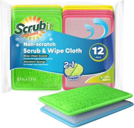A stack of SCRUBIT 12-pack dual-sided scrub and wipe cleaning pads in assorted colors, showing both textured and soft sides.