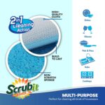 A stack of SCRUBIT 12-pack dual-sided scrub and wipe cleaning pads in assorted colors, showing both textured and soft sides.