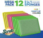 A stack of SCRUBIT 12-pack dual-sided scrub and wipe cleaning pads in assorted colors, showing both textured and soft sides.