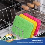 A stack of SCRUBIT 12-pack dual-sided scrub and wipe cleaning pads in assorted colors, showing both textured and soft sides.