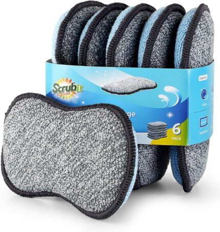 A pack of six gray and blue SCRUBIT multi-purpose kitchen sponges, one sponge shown with both sides visible.